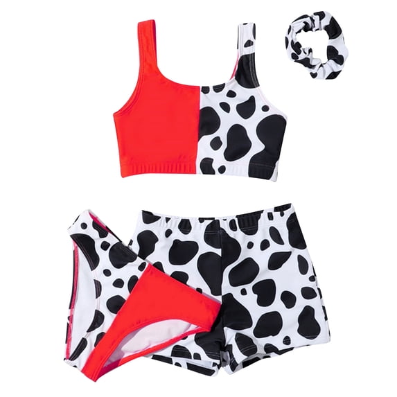Hienoo Girls 4-Piece Swimsuit Cow Print Bikini Set Shorts with Headband Bathing Suit, Sizes 6-14