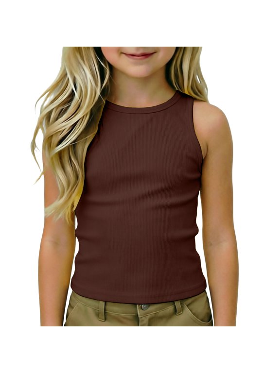 Girls Athletic Racerback Tank Top Solid Crewneck Sleeveless Undershirt, Sizes 4-14