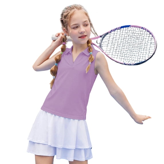 Hienoo Girls' Athletic Sleeveless Tops Summer Solid Lightweight Polo Shirt, Sizes 3-14