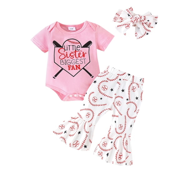 Hienoo Girls Baseball Letter Prints Short Sleeve Romper Flared Pants Headband Set