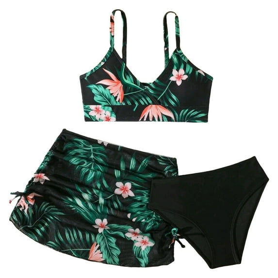 Hienoo Girls Bikini Set & Cover Up Skirt Tropical Print Beach Swimsuit,3-Piece, Sizes 7-8