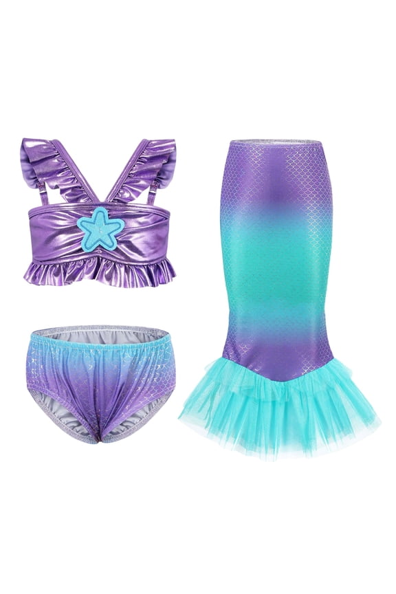 Girls Bikini Set & Fishtail Skirt 3-Piece Swimsuit Beach Bathing Suit, Sizes 4-5