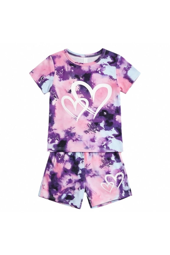 Girls Casual Outfits Heart Print Tie Dyed Short Sleeve Tee Shorts Set, Sizes 2-13