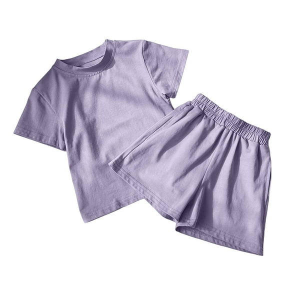 Hienoo Girls Casual Summer Outfit Solid Cotton Short Sleeve T-Shirt Shorts Set, Sizes 1-10