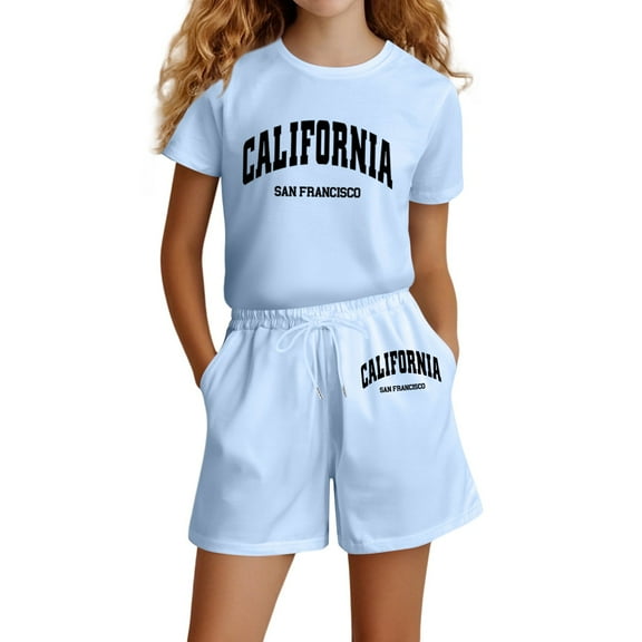 Hienoo Girls Casual Summer Outfits Letter Print Short Sleeve Tshirt Shorts Set, Sizes 4-14