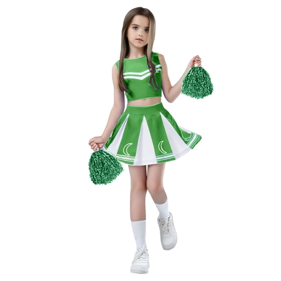 Hienoo Girls Cheerleading Role Play Outfits Tank Top Skirt Pom Poms Socks 4Pcs Set