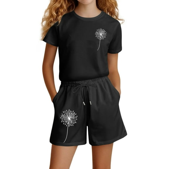Hienoo Girls Cotton Outfits Dandelion Print Short Sleeve T-Shirt & Shorts Set, Sizes 3-10