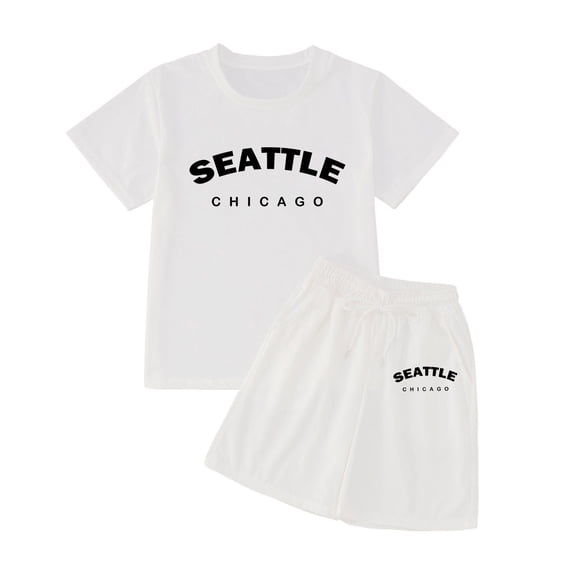 Hienoo Girls Cotton Outfits Seattle Printed Short Sleeve T-Shirt Shorts Set, Sizes 4-14