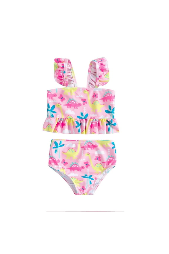 Girls Cute Dinosaur Print Bikini Swimsuit Ruffle Swimwear Bathing Suit, Sizes 18M-6Y