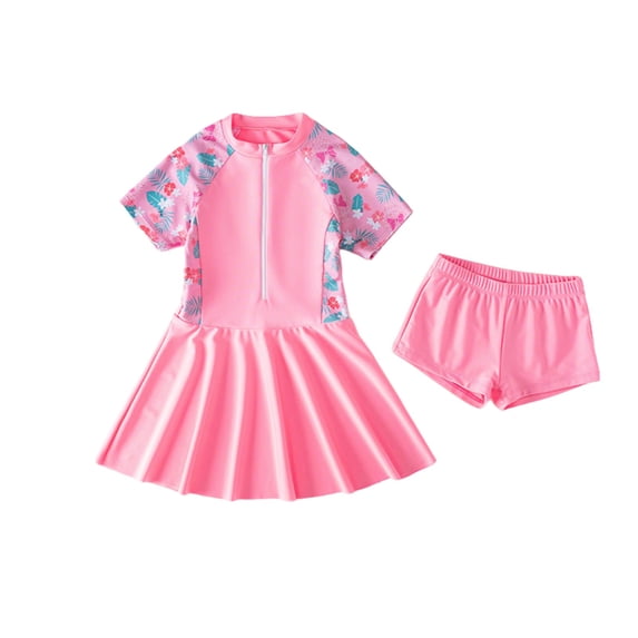 Hienoo Girls Half Zip Short Sleeve Rash Guard Swimsuit Swim Dress with Boyshorts