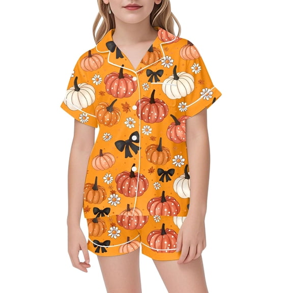 Hienoo Girls Halloween Pajama Set Short Sleeve Button-Down Shirt Shorts Pjs, Sizes 4-5
