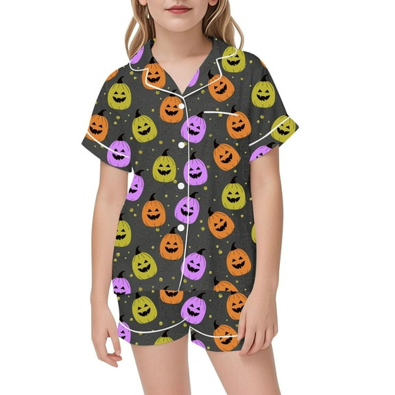 Hienoo Girls Halloween Pajama Set Short Sleeve Sleepwear Outfits Lounge Set, Sizes 8-9