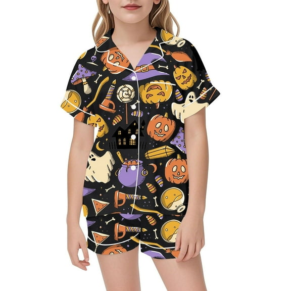 Hienoo Girls Halloween Pajamas Short Sleeve Button Shirt Shorts Sleepwear Pjs, Sizes 2-3