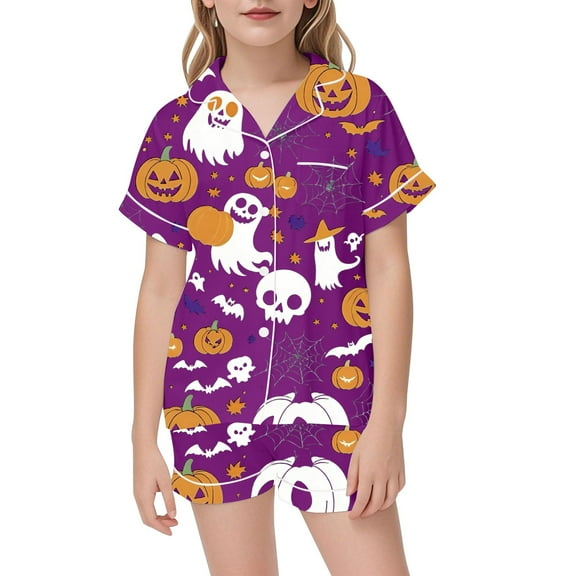 Hienoo Girls Halloween Pajamas Short Sleeve Printed Sleepwear Homewear, 2-Piece, Sizes 8-9