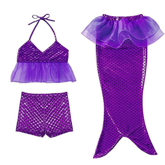 Hienoo Girls Halter Bikini Top Boyshorts Ruffle Fishtail Skirt 3-Piece Swimsuit Role Play Bathing Suit, Sizes 5-6