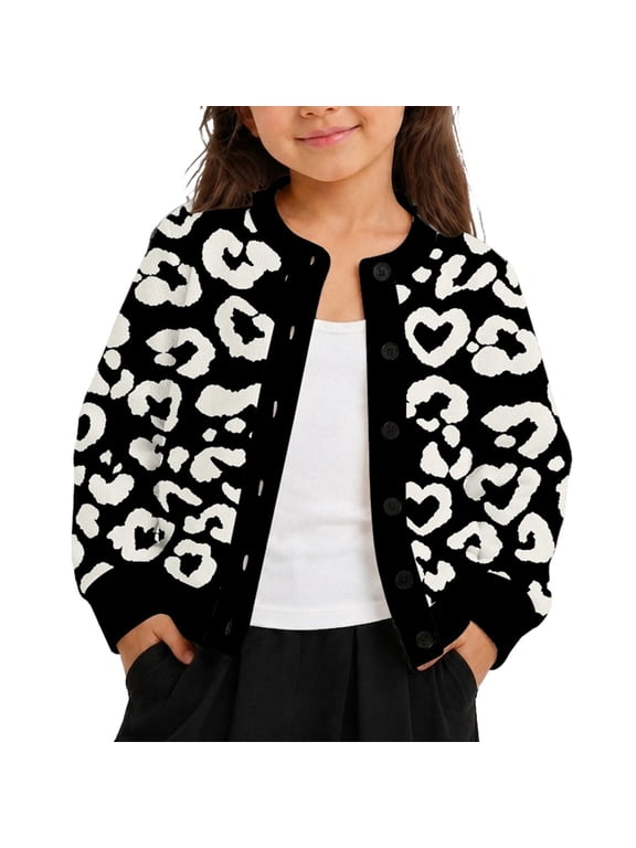 Girls Heart Leopard Print Fleece Cardigan Button Up Long Sleeve Jacket Fall Winter Cardigan