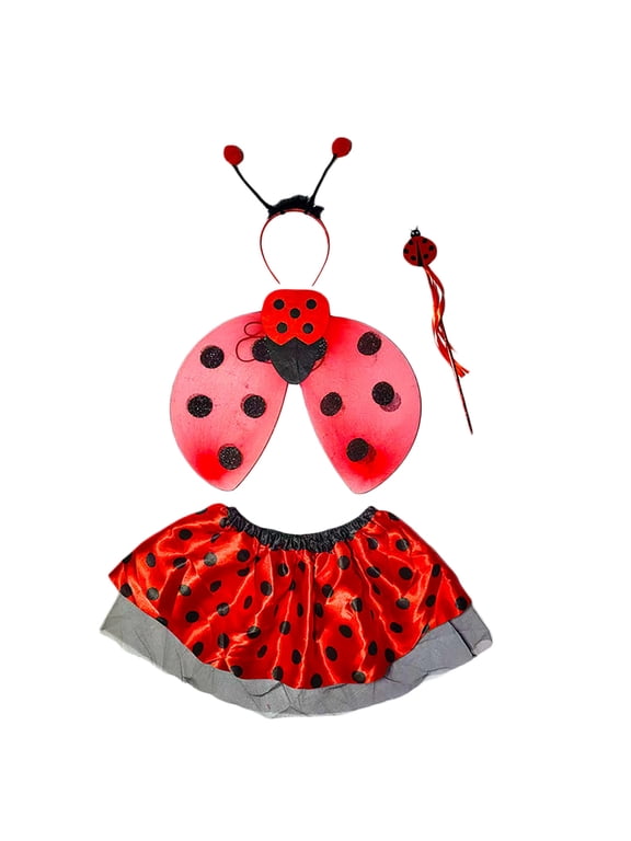 Girls Ladybug Role Play Outfits Tutu Skirt Wings Headband Wand Set, 4-Piece