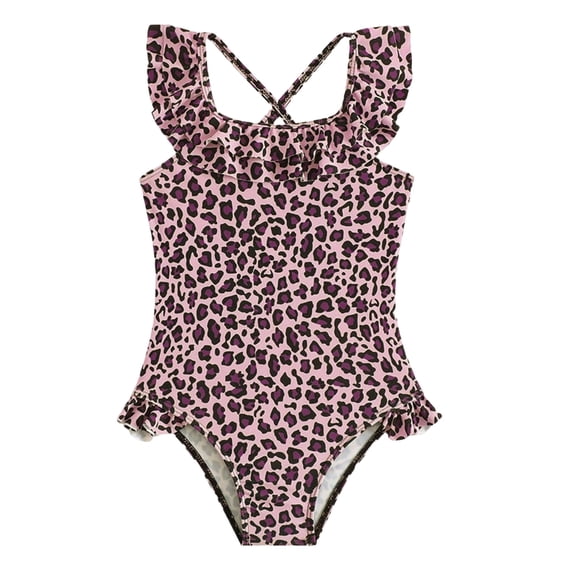 Hienoo Girls Leopard Ruffle One-Piece Swimsuit Breathable Bathing Suit Swimwear