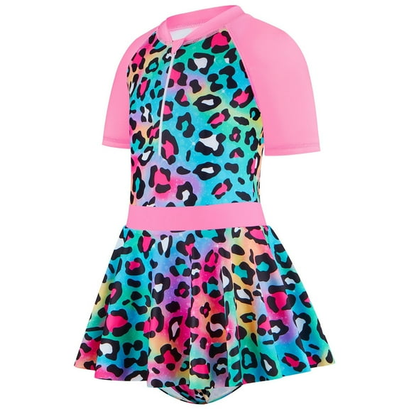 Hienoo Girls Leopard Short Sleeve Rashguard One-Piece Swimsuit UPF 50 Bathing Suit
