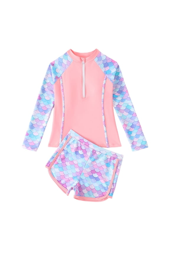 Girls Long Sleeve Zipper Rash Guard Boyshorts Surfing Suit Swimsuit, Sizes 7-11