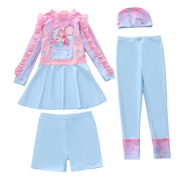 Hienoo Girls Long Sleeve Rash Guard Boyshorts Swim Pants Swimming Cap Swimsuit, 4-Piece, Sizes 2-12