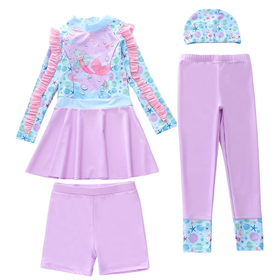 Hienoo Girls Long Sleeve Rash Guard Boyshorts Swim Pants Swimming Cap Swimsuit, 4-Piece, Sizes 2-12