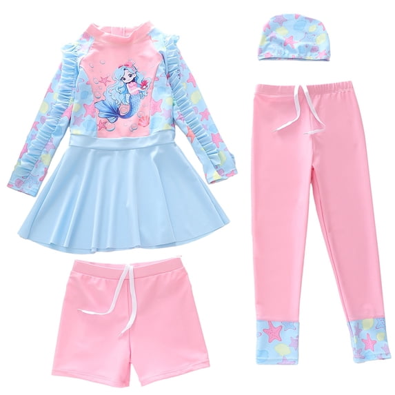 Hienoo Girls Long Sleeve Rash Guard Boyshorts Swim Pants Swimming Cap Swimsuit, 4-Piece, Sizes 2-12