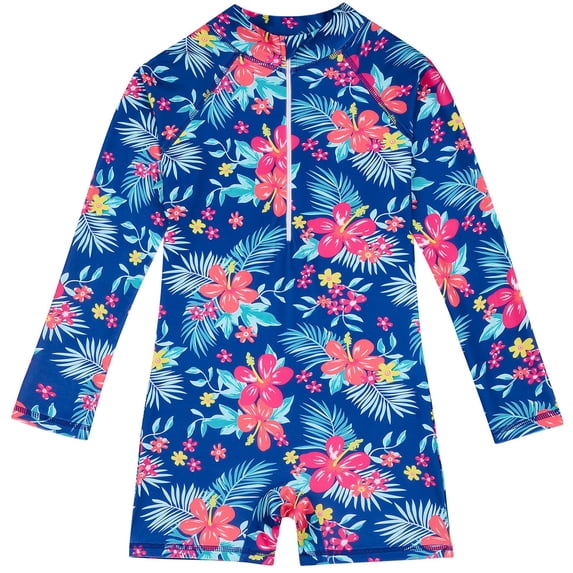 Hienoo Girls Long Sleeve Rash Guard Surfing Suit Tropical Print One-Piece Swimsuit, Sizes 10-11