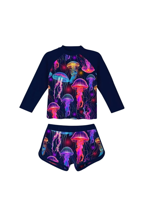 Girls Long Sleeve Rashguard Shorts Swimsuit Jellyfish Prints UPF50+ Bathing Suit