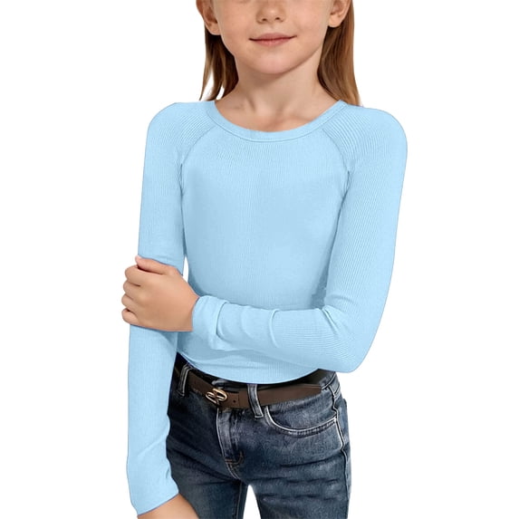 Hienoo Girls Long Sleeve Ribbed T-Shirt Casual Solid Stretch Crew Neck T Shirt, Sizes 5-14