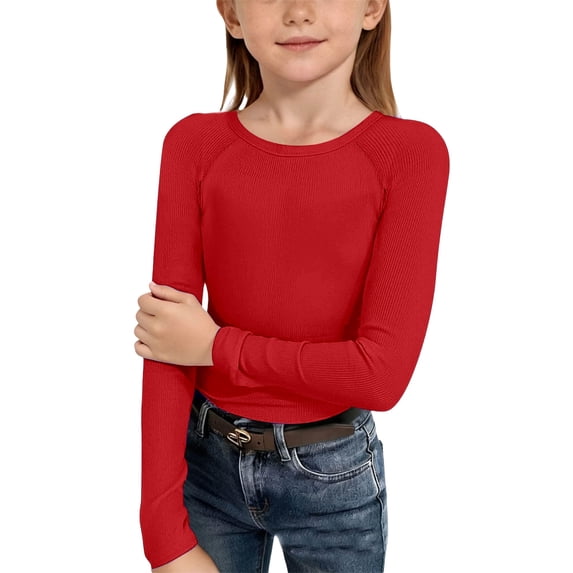 Hienoo Girls Long Sleeve Ribbed T-Shirt Casual Solid Stretch Crew Neck T Shirt, Sizes 5-14