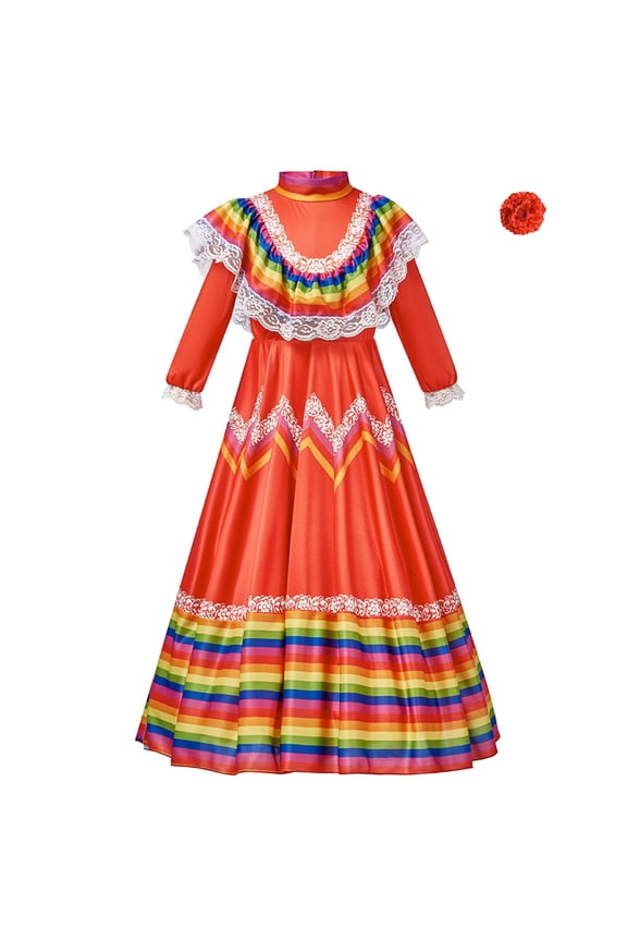 Girls Mexican Traditional Dress Lace Ruffle Long Sleeve Maxi Dress with Flower