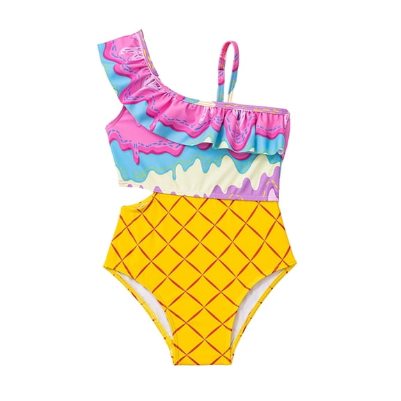 Hienoo Girls One-Piece Swimsuit Cute Ice-Cream Print Ruffle Bathing Suit Swimwear, Sizes 1-8