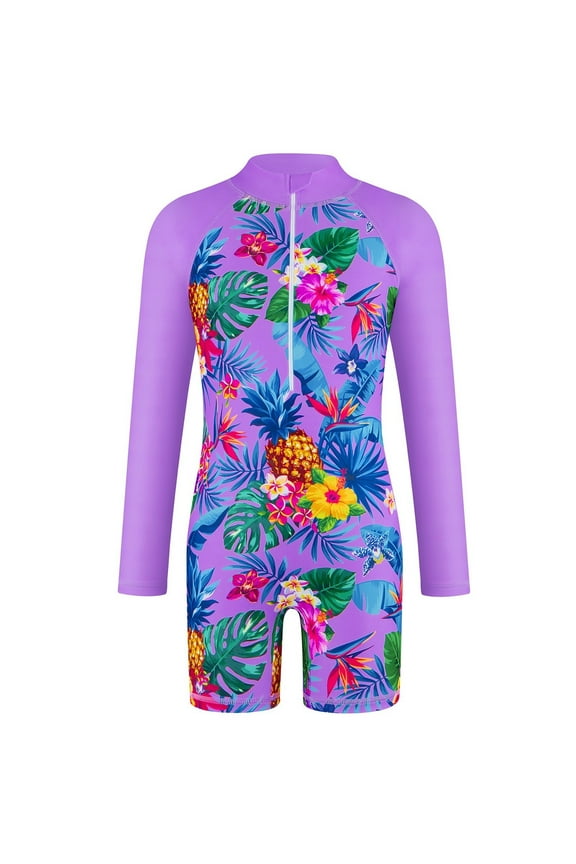 Girls One Piece Swimsuit Long Sleeve Zipper Rash Guard UPF 50+ Quick Dry Bathing Suit, Sizes 4-12