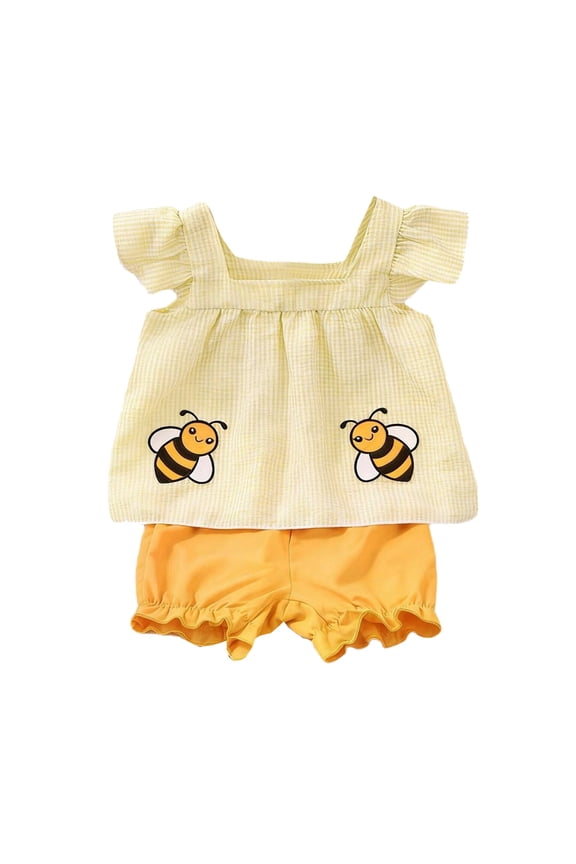 Girls Outfits Bee Print Flutter Sleeve T-Shirt Ruffle Shorts 2Pcs Set, Sizes 3M-3T
