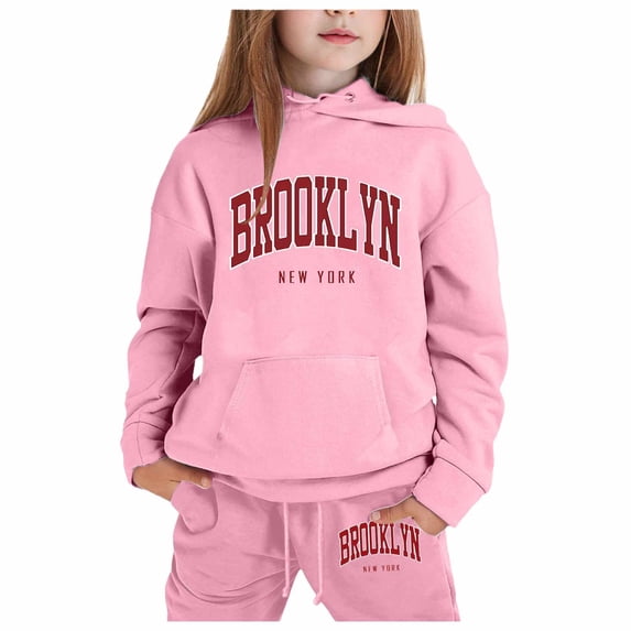Hienoo Girls Outfits Brooklyn Print Long Sleeve Hoodies Sweatpants Set Kids Fall Sweatsuit