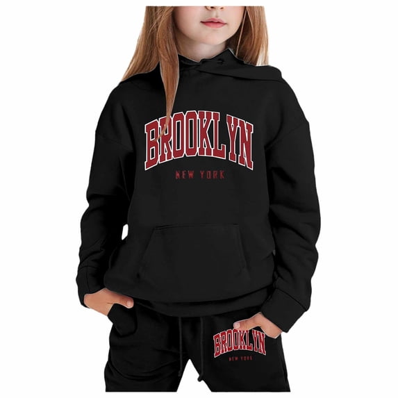 Hienoo Girls Outfits Brooklyn Print Long Sleeve Hoodies Sweatpants Set Kids Fall Sweatsuit