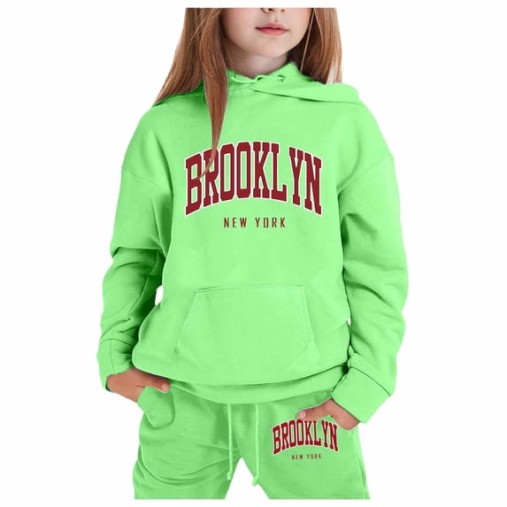 Hienoo Girls Outfits Brooklyn Print Long Sleeve Hoodies Sweatpants Set Kids Fall Sweatsuit