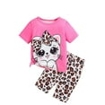 thumbnail image 1 of Hienoo Girls Outfits Cartoon Cat Print Short Sleeve T-Shirt Leopard Shorts Set, Sizes 3-7, 1 of 6
