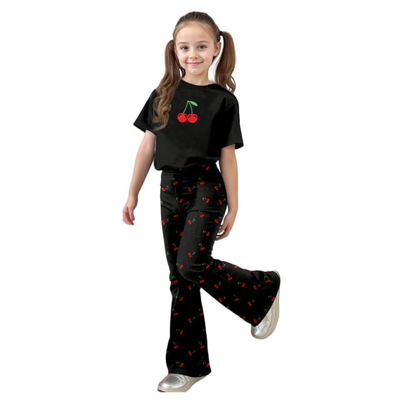Hienoo Girls Outfits Cherry Print Short Sleeve T Shirt Flared Pants 2Pcs Set, Sizes 7-13