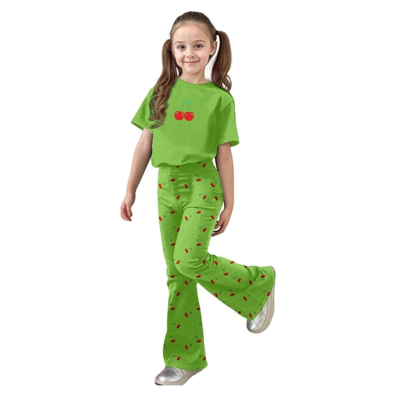 Hienoo Girls Outfits Cherry Print Short Sleeve T Shirt Flared Pants 2Pcs Set, Sizes 7-13