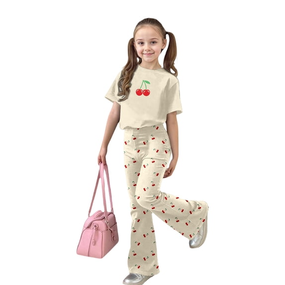 Hienoo Girls Outfits Cherry Print Short Sleeve T Shirt Flared Pants 2Pcs Set, Sizes 7-13
