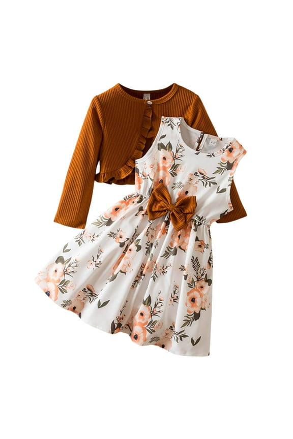 Girls Outfits Flower Print Bow Tank Dress & Knit Long Sleeve Top