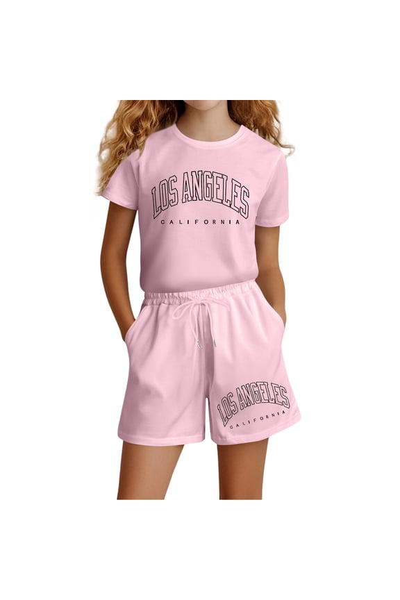 Girls Outfits Los Angeles Cotton Short Sleeve T-Shirt Shorts Outfits, Sizes 3-14