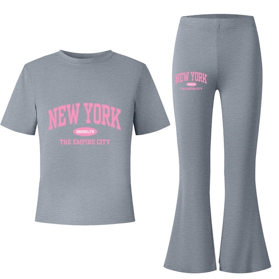 Hienoo Girls Outfits New York Printed Short Sleeve T-Shirt Flared Pants Set, Sizes 7-12