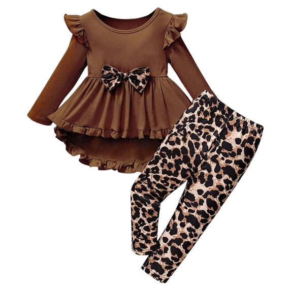 Hienoo Girls Outfits Ruffle Bow Long Sleeve T-Shirt Top Leopard Pants Set, 2-Piece