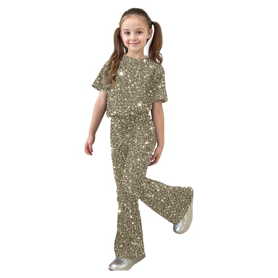Hienoo Girls Outfits Sequins Print Short Sleeve T-Shirt Flared Pants 2Pcs Set, Sizes 7-13