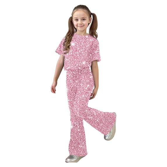 Hienoo Girls Outfits Sequins Print Short Sleeve T-Shirt Flared Pants 2Pcs Set, Sizes 7-13