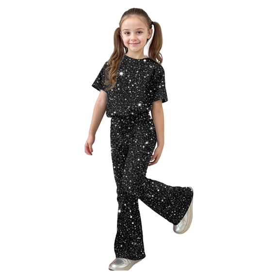 Hienoo Girls Outfits Sequins Print Short Sleeve T-Shirt Flared Pants 2Pcs Set, Sizes 7-13