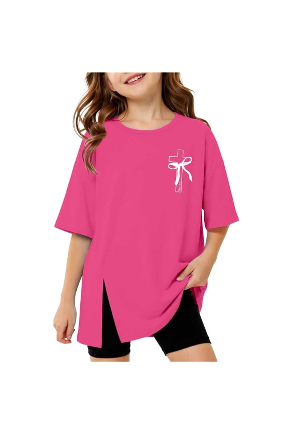 Girls Oversized Short Sleeve T Shirt Casual Crewneck Side Split T-Shirt, Sizes 3-16